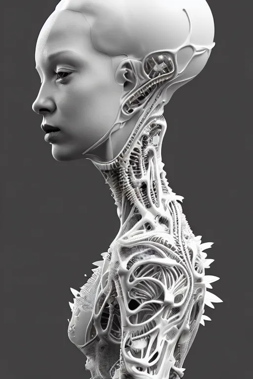 Image similar to bw 3 d render, stunning beautiful young biomechanical albino female cyborg with a porcelain profile face, angelic, rim light, big leaves and stems, roots, fine foliage lace, alexander mcqueen, art nouveau fashion embroidered, steampunk, silver filigree details, hexagonal mesh wire, mandelbrot fractal, elegant, artstation trending