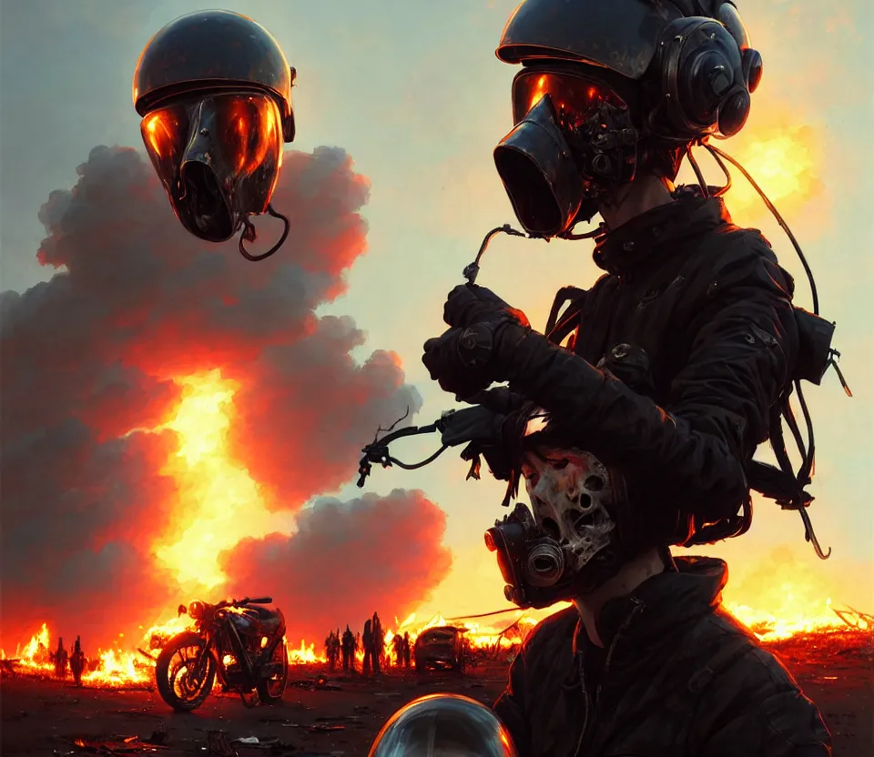 Image similar to a ultradetailed beautiful panting of post apocalyptic biker with helmet in front of crashed airplane burning, by ilya kuvshinov, greg rutkowski and makoto shinkai, trending on artstation