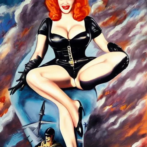 Image similar to Fully-clothed full-body portrait of Christina Hendricks as catwoman as a pinup painting on world war II bomber