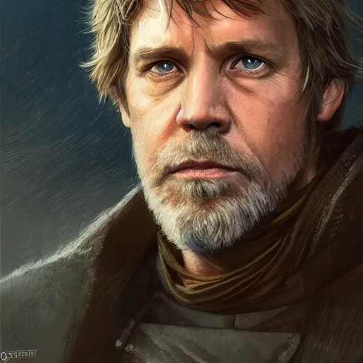 Image similar to portrait of a man by Greg Rutkowski, Commander Luke Skywalker from Star Wars Expanded Universe, he is about 60 years old, beard, wearing tactical gear of the Galactic Alliance, highly detailed portrait, digital painting, artstation, concept art, smooth, sharp foccus ilustration, Artstation HQ