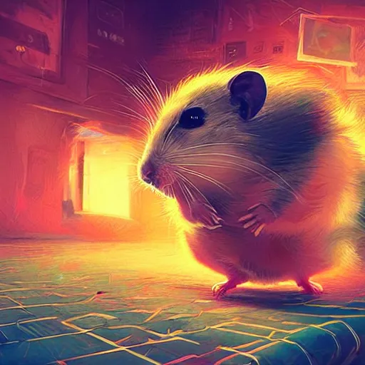 Prompt: very scared hamster, dollars on background, digital illustration portrait design, by android jones and greg rutkowski, retrowave color scheme, detailed, cinematic lighting, wide angle action dynamic portrait