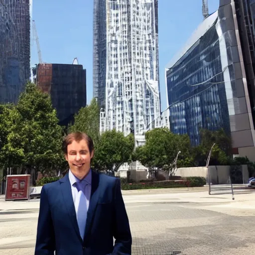 Prompt: a giant caucasian man dressed very elegantly standing next to a skyscraper