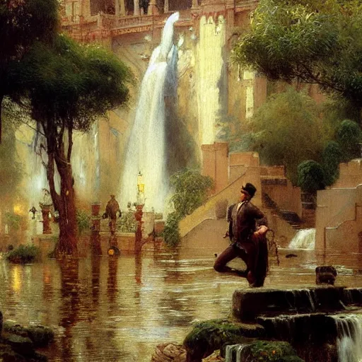 Image similar to waterfall flooding an entire city. victorian age. highly detailed painting by gaston bussiere, craig mullins, j. c. leyendecker