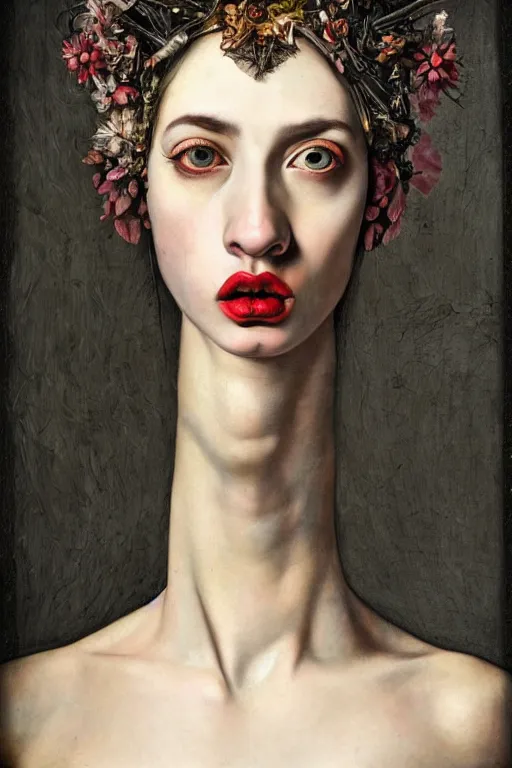 Prompt: Detailed maximalist portrait a with large lips and with large eyes, exasperated expression, fleshy botanical, figurative high fashion, HD mixed media collage, highly detailed and intricate, in the style of Caravaggio and Jenny saville, dark art, baroque