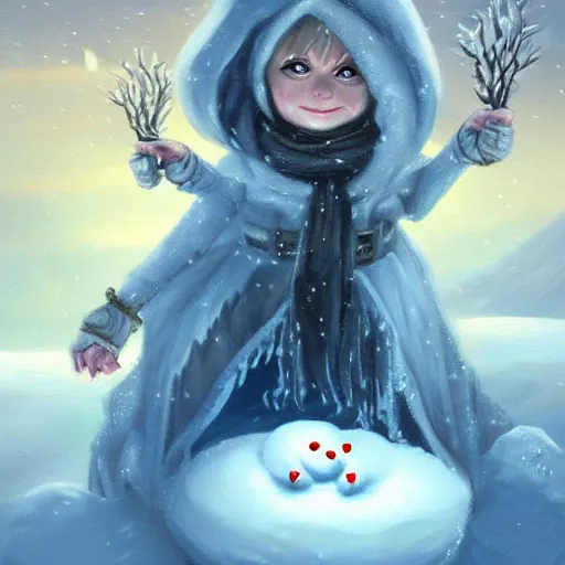 Image similar to ice witch building a snowman, trending on artstation, detailed art, oil painting, high fantasy