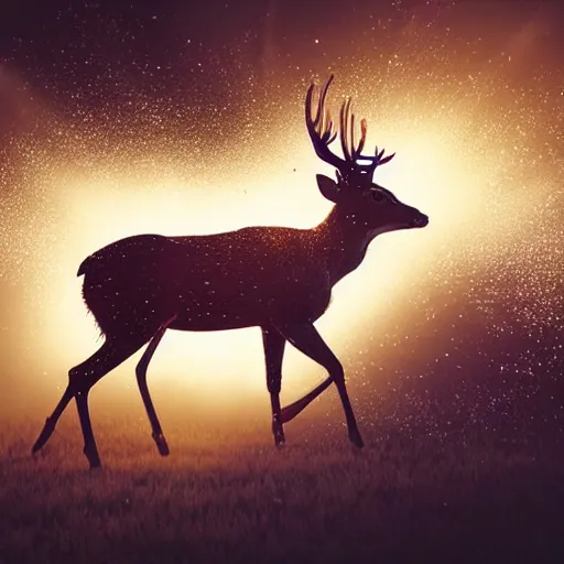 Image similar to A still of a deer exploding in slow motion, sparkles and sun rays, hyperrealistic, photo realistic, realistic, beautiful white lighting, in the middle of the day, hyperdetailed, very detailed