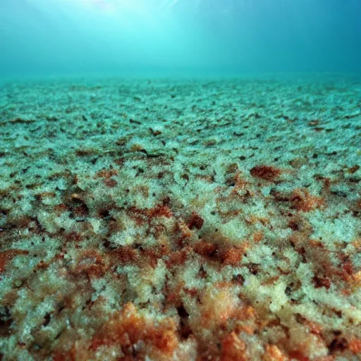 Prompt: underwater photo of breaded scampi on the seafloor zenith view,