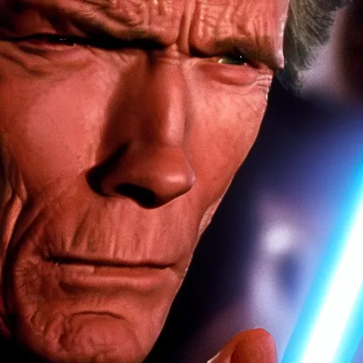 Image similar to clint eastwood holding blue lightsaber in star wars episode 3, 8k resolution, full HD, cinematic lighting, award winning, anatomically correct