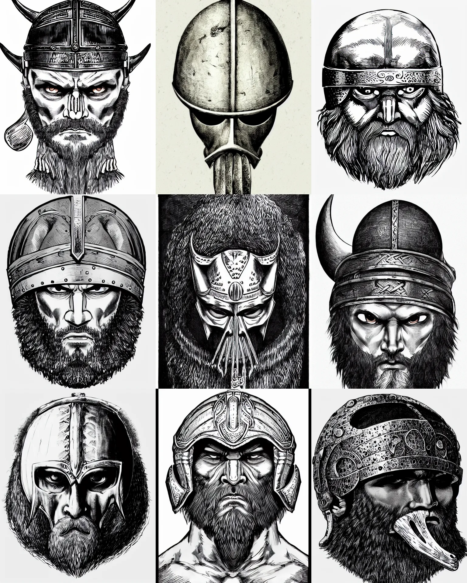 Prompt: detailed circle shape of a head of a beared viking wearing a bone helm, medium shot, front face symmetrical, white background, trending on artstation, by kentaro miura, black ink