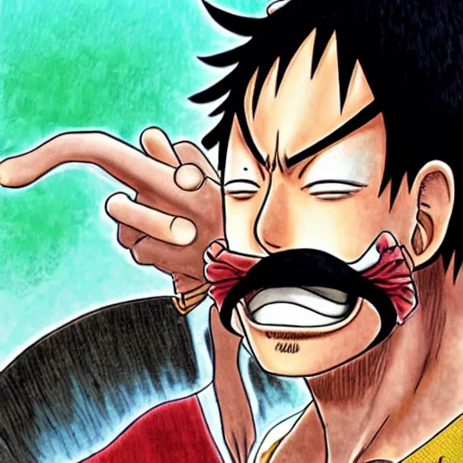 Image similar to [ luffy mustache ] ( by kentaro miura ) ( by george morikawa )