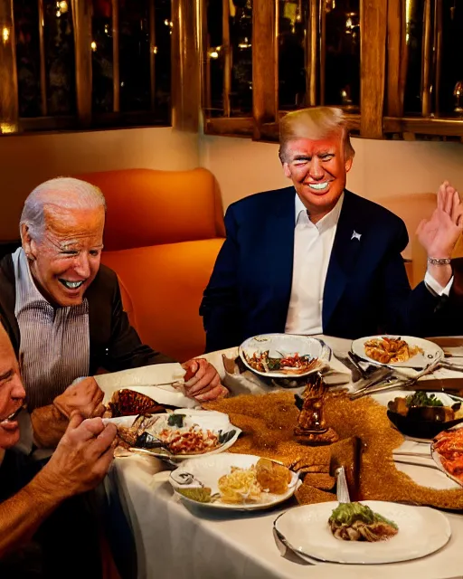 Image similar to Trump and Biden having dinner at a fancy Balinese restaurant, award winning photography, 85mm, perfect faces