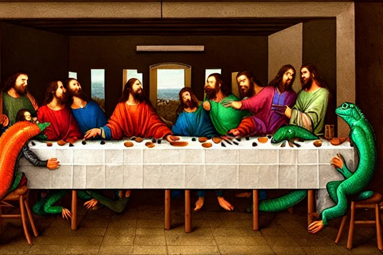 Image similar to the last supper with lizards