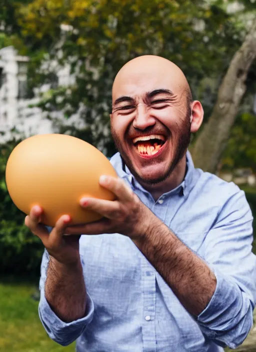 Prompt: a man standing atop an egg laughing wildly