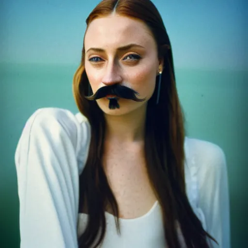 Image similar to photo, sophie turner, handlebar mustache, morocco, white clothing, ektachrome, portrait, mid shot, 5 0 mm,