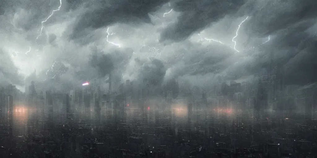 Prompt: centered photograph of severe weather storms above an Beautiful Orwellian City, architecture, detailed textures, hyper realistic, cinematic lighting, urban art style, climate change, digital art painting by greg rutkowski, cinematic, concept art, 35mm grain filter