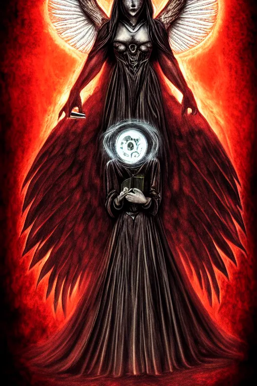 Image similar to dlsr photo illustration of envoked dark angel holding a book of necronomicon, symmetrical, cinematic, sharp focus, 4 k, ultra hd, sense of awe, sinister demonic atmosphere, dreadful, forbidden knowledge, old gods. demonology journal cover