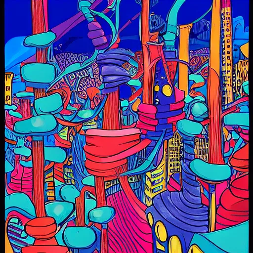 Prompt: dr. seuss surrealism city | midnight paintings | intricate detail | bold colors | illustration