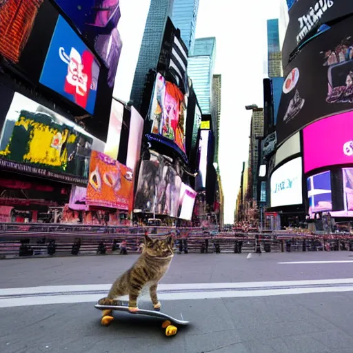 Image similar to A cat riding a skateboard in Times Square, New York City, 4k, high quality, award winning photo