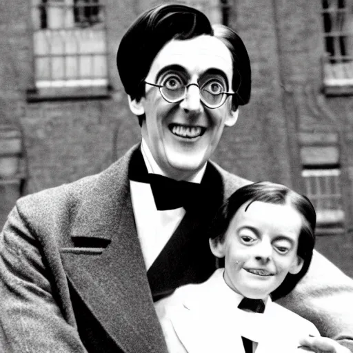 Prompt: a black and white photo of jacob rees - mogg as the childcatcher, chitty chitty bang bang