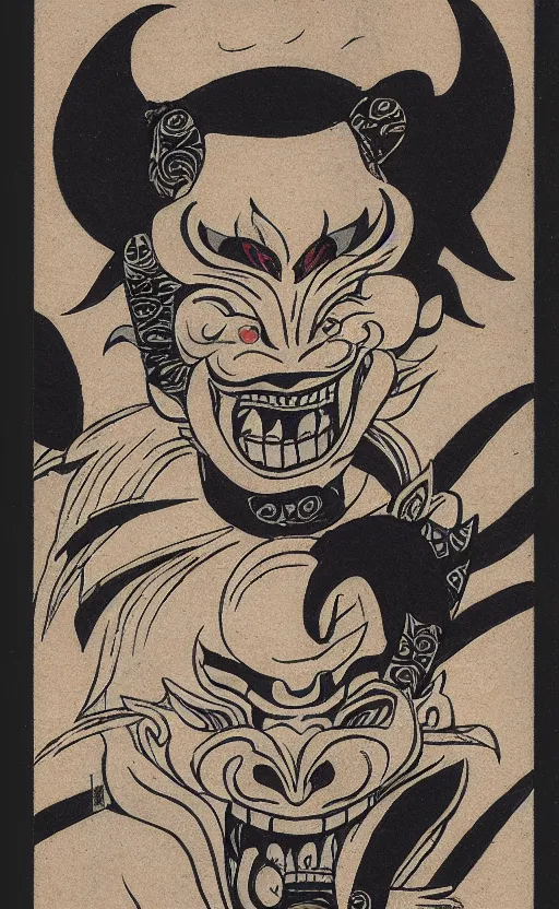 Prompt: by akio watanabe, manga art, man with japanese demon mask, oni horns, yokai, trading card front