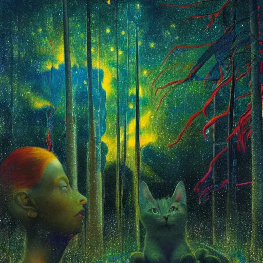 Image similar to psychedelic lush pine forest, outer space, milky way, amber eyes cat eyes designed by arnold bocklin, jules bastien - lepage, tarsila do amaral, wayne barlowe and gustave baumann, cheval michael, trending on artstation, star, sharp focus, colorful refracted sparkles and lines, soft light, 8 k 4 k