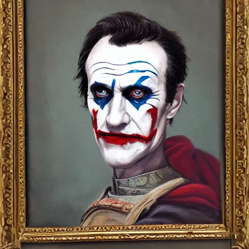 Image similar to oil painting portrait of julius caesar with joker's face paint on his face, 8 k, very detailed, very intricate,
