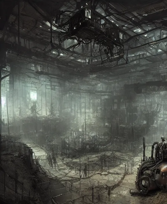 Prompt: the interior of a grim steampunk military headquarters, by HR Giger and Beksiński and Stephan Martiniere , 4k resolution, detailed, trending on artstation