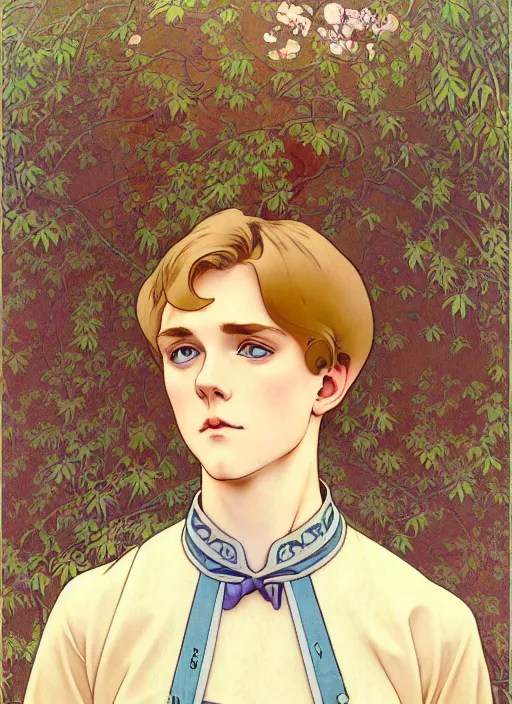 Image similar to art nouveau portrait of a pretty young man with short light brown straw blond hair, light blue eyes, sad expression, scared, head down, shy and demure, wearing a choker collar, natural lighting, path traced, highly detailed, high quality, cartoon, digital painting, by don bluth and ross tran and studio ghibli and alphonse mucha