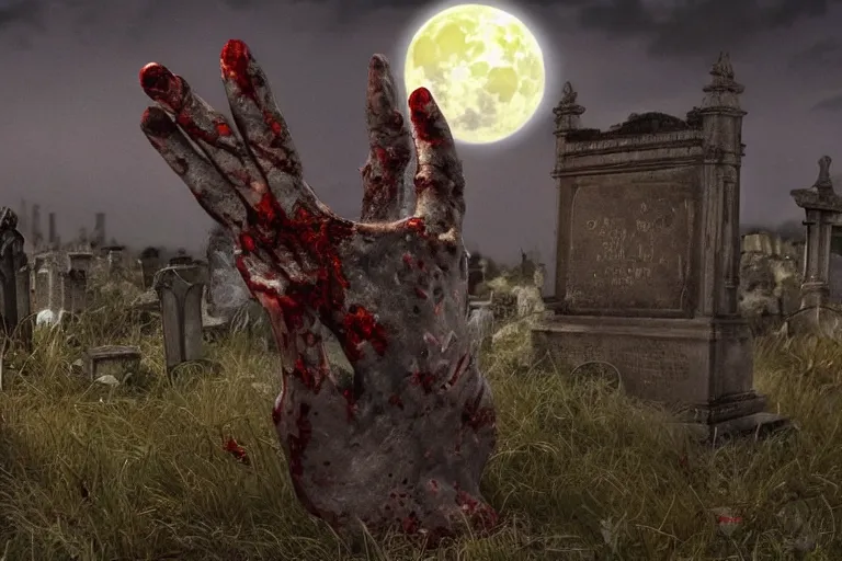 Prompt: an ultra detailed animation of a zombie hand in a graveyard at midnight on halloween, digital art, dark fantasy, concept art, soulslike, by alphonse mucha, blood moon eclipse, ruined building in the background, artstation, 8 k, unreal engine render