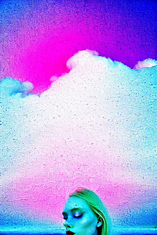 Image similar to high quality pastel coloured film close up wide angle photograph of a model wearing clothing swimming on cloud furniture in a icelandic black rock!! environment in a partially haze filled dreamstate world. three point light, rainbow. photographic production. art directed. pastel colours. volumetric clouds. pastel gradient overlay. waves glitch artefacts. extreme facial clarity. 8 k. filmic.