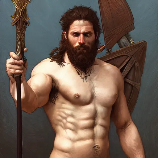 Image similar to portrait of a gruff ranger carrying the holy lance of longinus, Cain, muscular, hairy body, intricate, elegant, highly detailed, digital painting, artstation, concept art, matte, sharp focus, illustration, art by Artgerm and Greg Rutkowski and Alphonse Mucha