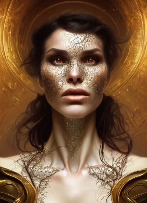 Image similar to preistess of the underworld, severe expression, crooked nose, shiny, intricate, elegant, highly detailed, ultra definition, digital painting, artstation, vray, concept art, smooth, high speed photography, illustration, art by artgerm and greg rutkowski and alphonse mucha and james jean