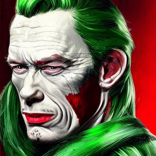 Image similar to peter otoole, green hair, white face, red lips, portrait, realistic, concept art, lee bermejo