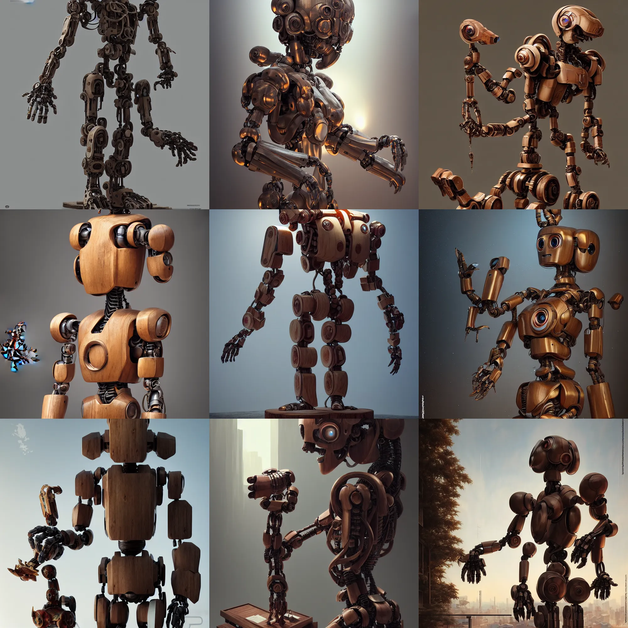 Prompt: octane render ultra photorealistic hyper detailed, a very very cute wooden mystical statue robot of the roman natural in a contemporary art gallery in neo tokyo artwork by greg rutkowski