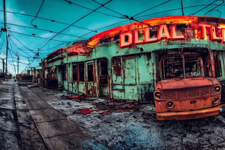 Image similar to low wide angle shot of dilapidated fallout 5 miami, tropical coastal city, desolate, dilapidated neon signs, few rusted retro futuristic vintage parked vehicles like cars, buses, trucks, trams, volumetric lighting, photorealistic, fog, daytime, autumn, overcast weather, sharp focus, ultra detailed, 4 0 0 0 k