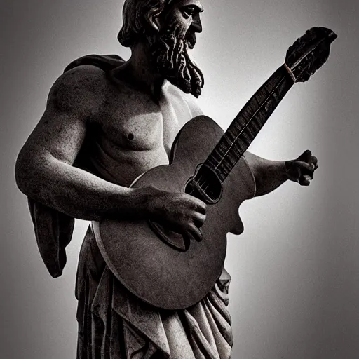 Image similar to epic greek marble statue of a bald man with a long beard, playing a guitar, photo, chiaroscuro