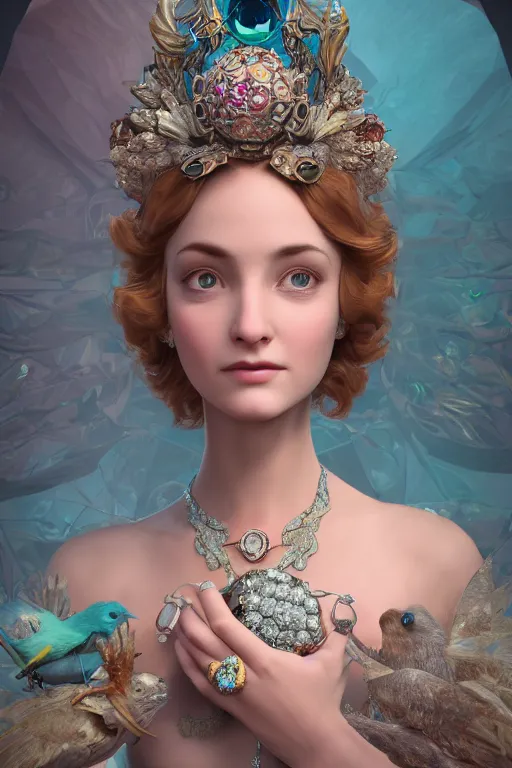 Image similar to face closeup, 3 d render of english princess holding birds, ornaments, jewels, diamonds, mucha vibe, dieselpunk, solarpunk, artstation