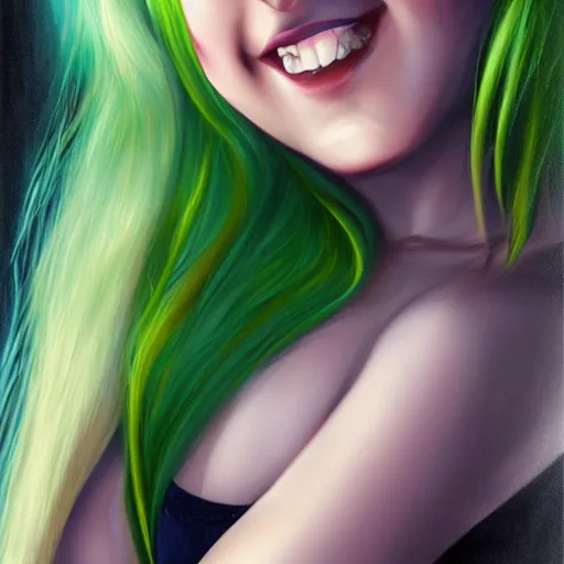 Prompt: a green haired teenager, blue eyes, brown skin, cheeky smile, deep focus, elegant, digital painting, smooth, sharp focus, golden ratio, illustration, ultra realistic, 8 k, art by artgerm and caravaggio