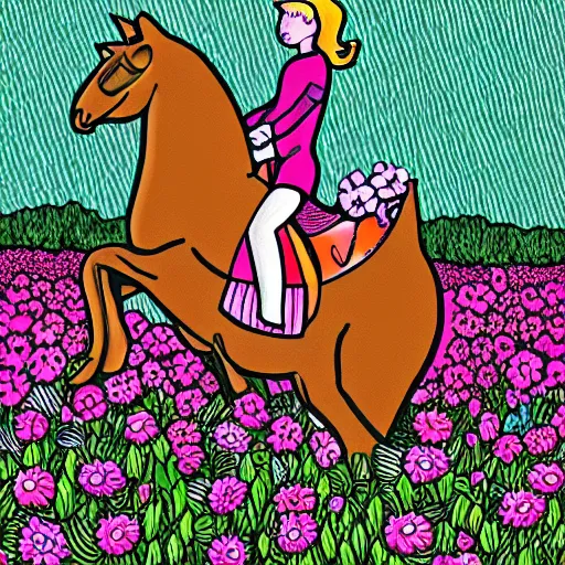 Prompt: coloring page of cat riding a horse in flowers field