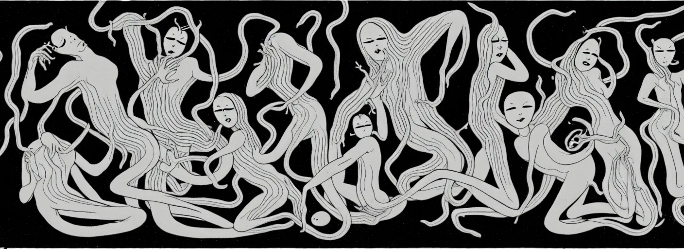 Image similar to whimsical uncanny creatures with flagella shaped like yin yangs from the depths of the collective unconscious, dramatic lighting, surreal dark 3 0 s cartoons