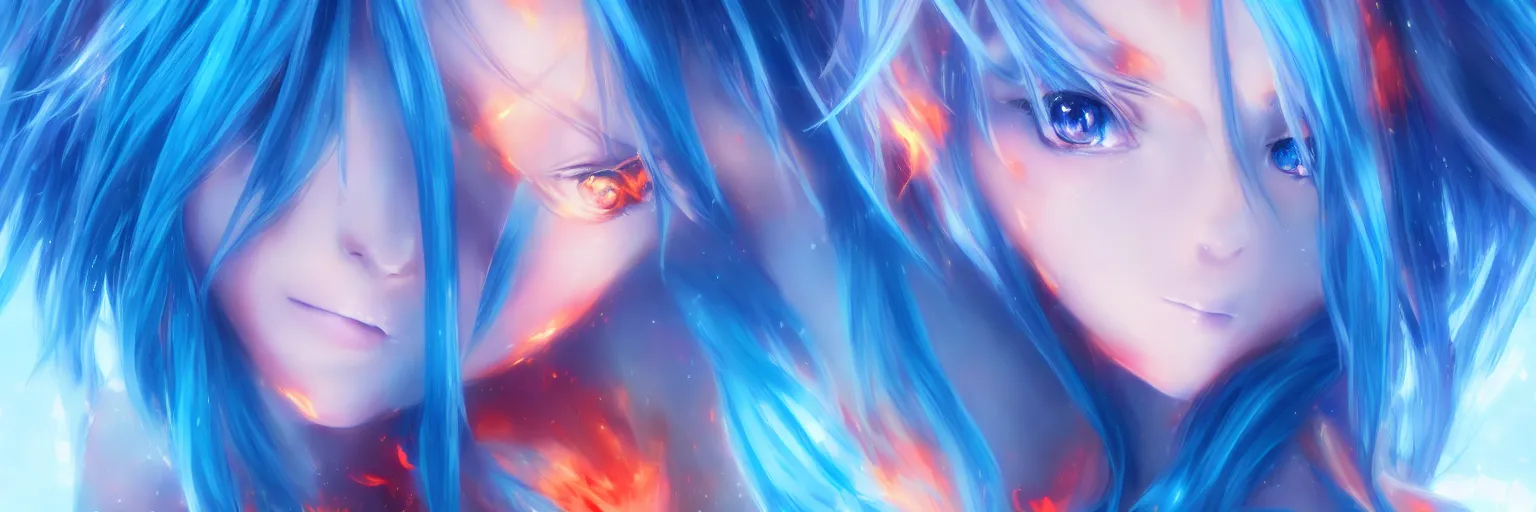 Image similar to advanced digital anime art, a very cute gorgeous teenage girl with a body made of fire and ice , full body, very long snow colored hair, sky blue highlights in hair, red fiery watery eyes, full round face, dramatic cinematic lighting, wideshot, highly intricately detailed, trending on pixiv, Artstation,