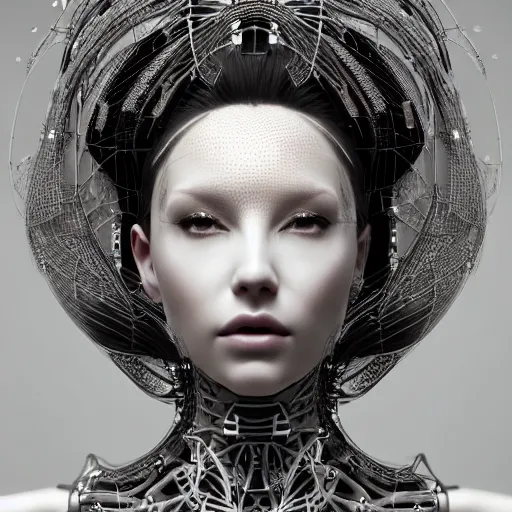 Prompt: closeup portrait of an absurdly beautiful, graceful, sophisticated, fashionable cyberpunk mechanoid gravure idol, an ultrafine hyperdetailed illustration by irakli nadar, matt wisniewski style, fashion photography, intricate linework, porcelain skin, jellyfish headdress, fractal ivory carved necklace, unreal engine 5 highly rendered, global illumination, radiant light, detailed and intricate environment