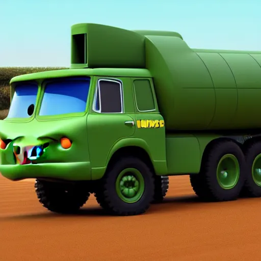 Image similar to HIMARS, Cars Pixar movie style, detailed, green