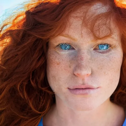 Image similar to Close up photo of the left side of the head of an extremely attactive, pretty redhead woman with gorgeous blue eyes and wavy long red hair, who looks directly at the camera. Slightly open mouth. Whole head visible and covers half of the frame, with a park visible in the background. 135mm nikon.