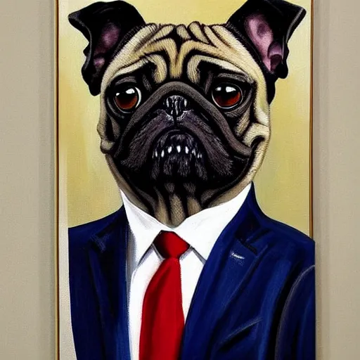 Prompt: trump as a dog. a pug president of the usa. president of the us. in the oval. amazing painting. formal. beautiful. high resolution. highly realistic. close - up. trending on artstation