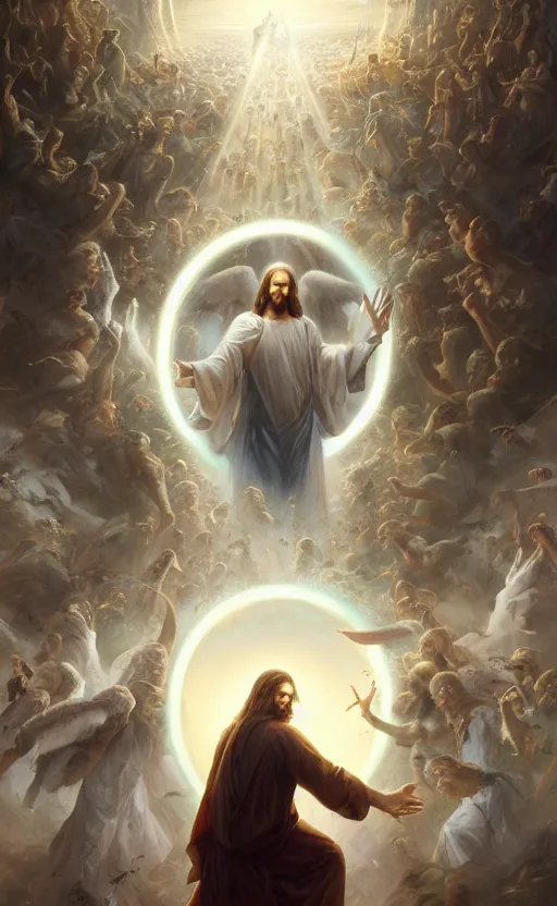 Image similar to jesus looking into a portal hopping and time warping with reckless abandon, surrounded by thousands of angels, masterpiece digital painting by Greg Rutkowski, Alex Grey, artstation, 4k wallpaper