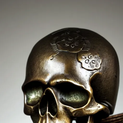 Image similar to skull with a samurai hat old bronze statue, intricate detail, full shot, museum lighting