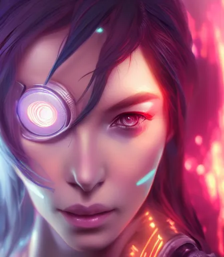 Image similar to beautiful portrait of a cyberpunk goddess who looks like Jessica Nigri , character design by charlie bowater, ross tran, artgerm, and makoto shinkai, detailed, soft lighting, rendered in octane