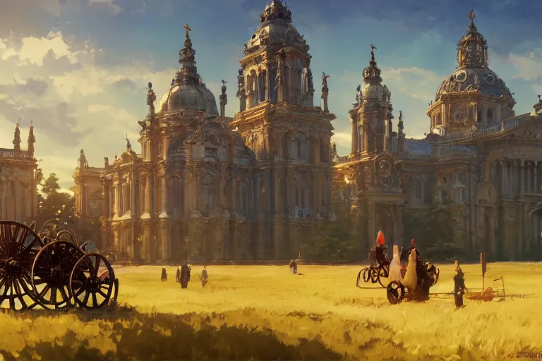 Image similar to a driving ornate baroque church mounted on chainwheels, scene in an open field. key visual, conceptart, ambient lighting, highly detailed, digital painting, artstation, concept art, sharp focus, by makoto shinkai and akihiko yoshida and greg manchess