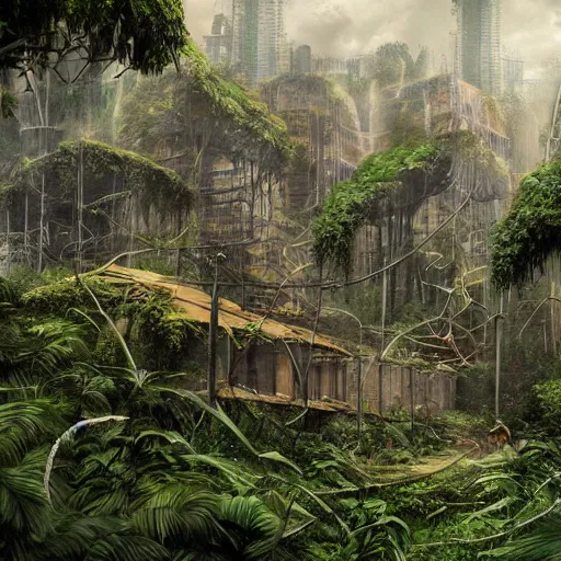 Prompt: a jungle with some abandoned/overgrown buildings, matte painting, detailed, trending on artstation,
